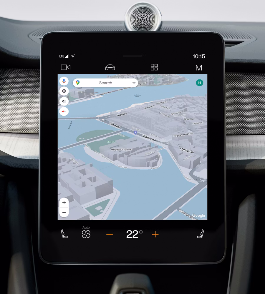Polestar 2’s centre display showing the Google Maps application on the screen.