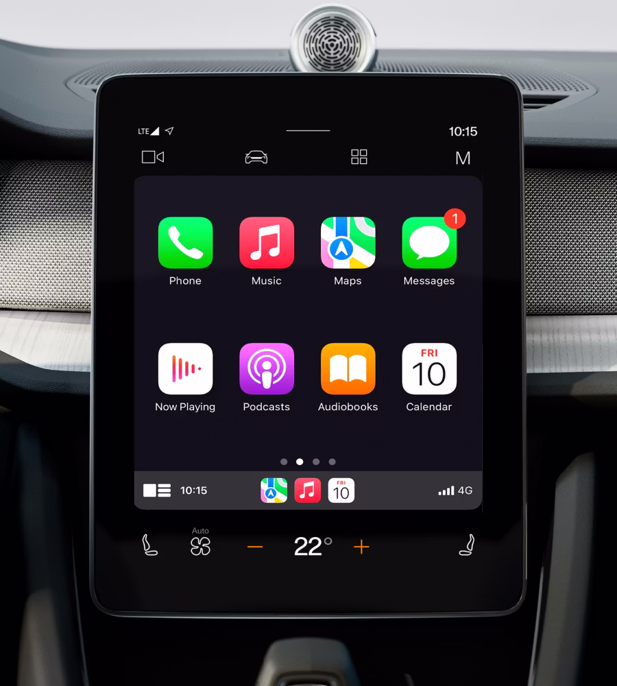 Polestar 2’s centre displaying showing the Apple CarPlay home screen.