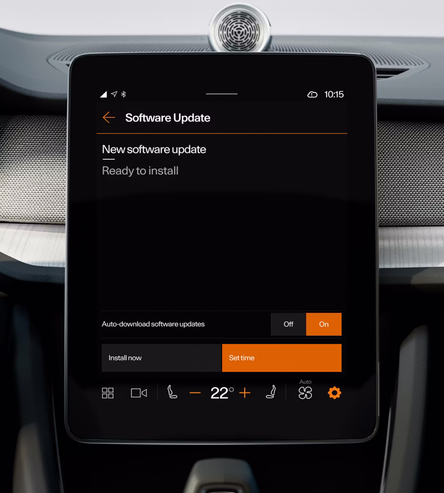 Polestar 2’s centre display showing the Software Update screen for over-the-air updates.