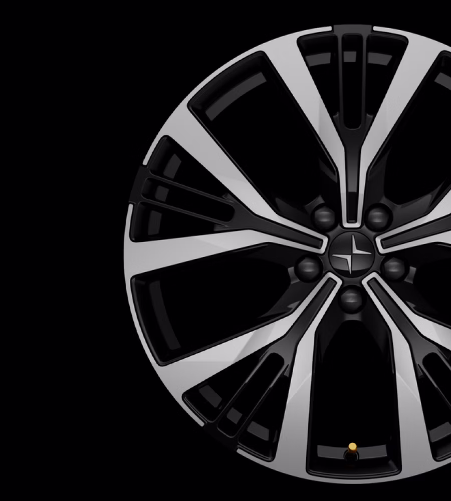 Polestar 2’s 20-inch Performance wheel with Swedish gold valve caps.