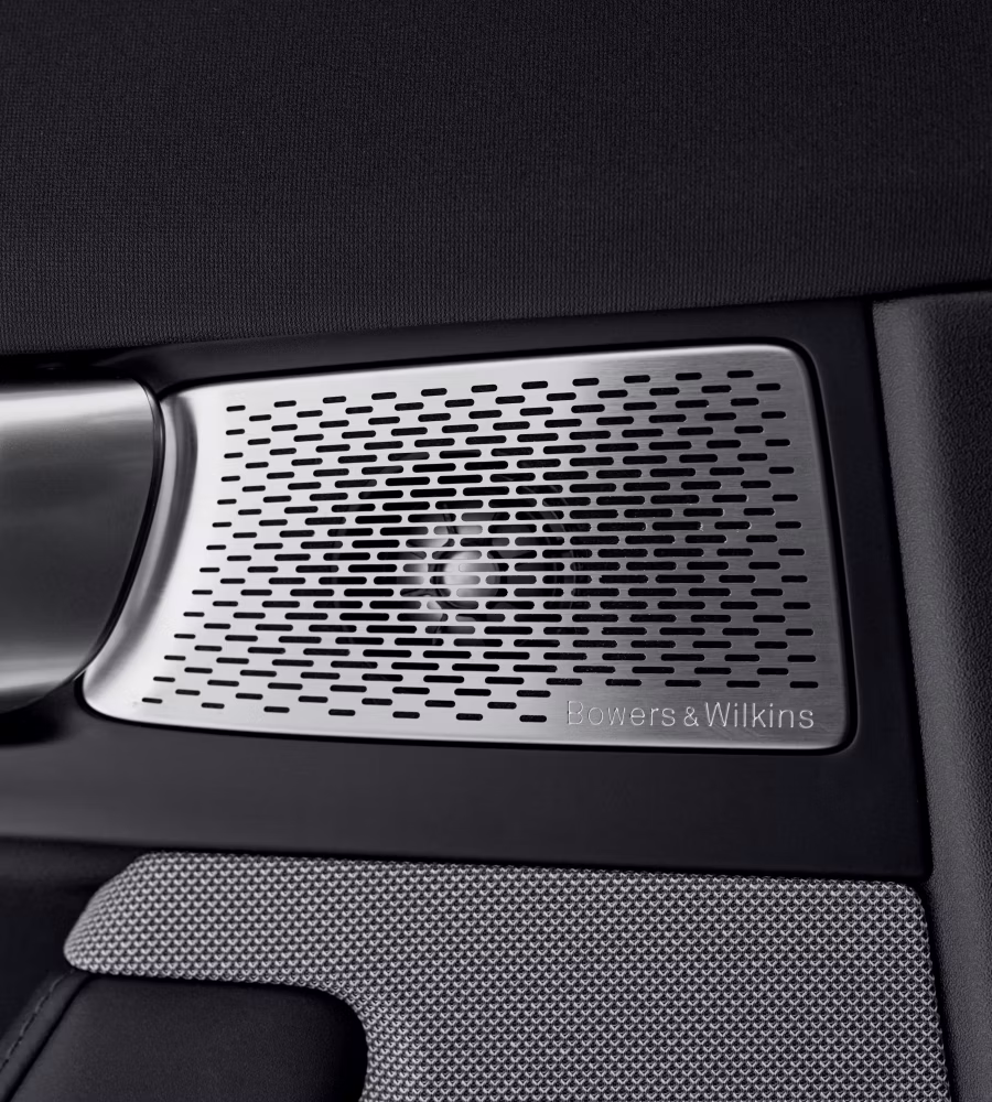 A close up of the midrange and door speakers for Bowers & Wilkins audio system for Polestar 2.