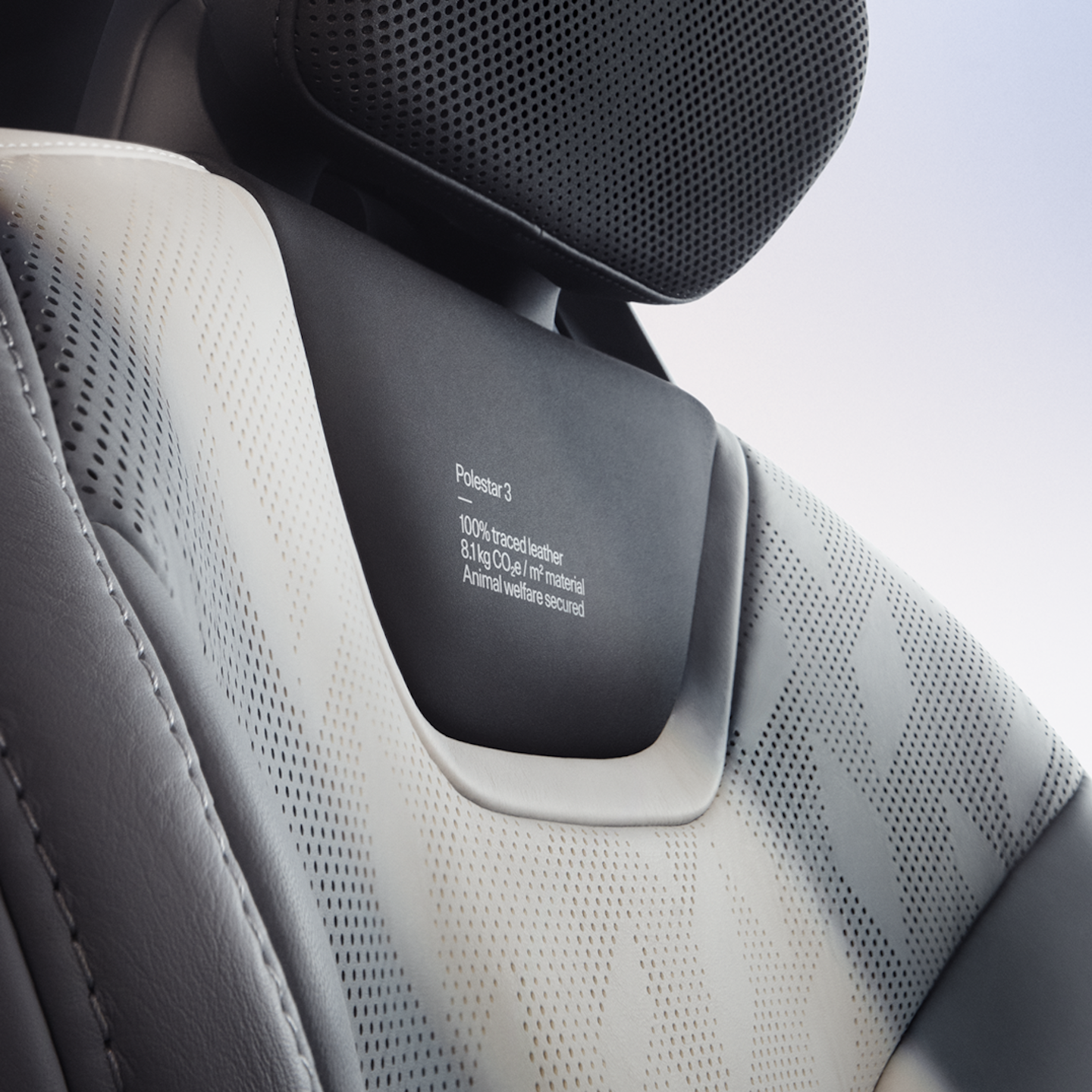 close up of the Polestar 3’s upholstery sustainability declaration on a seat.