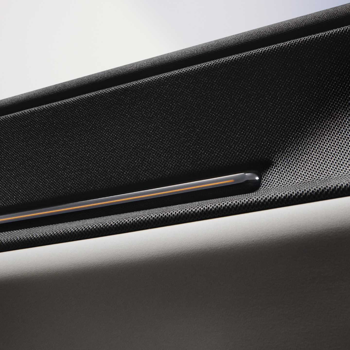 close up view of Polestar 3’s deco on the door panel with golden interior light line.