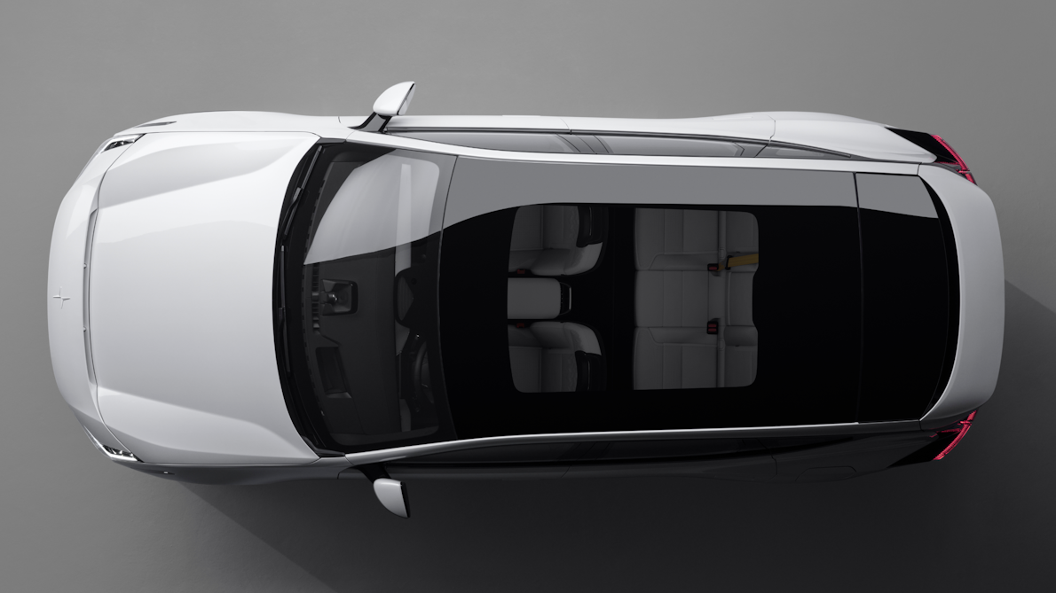 A bird’s eye view of Polestar 3 in Snow colour with its panoramic roof.