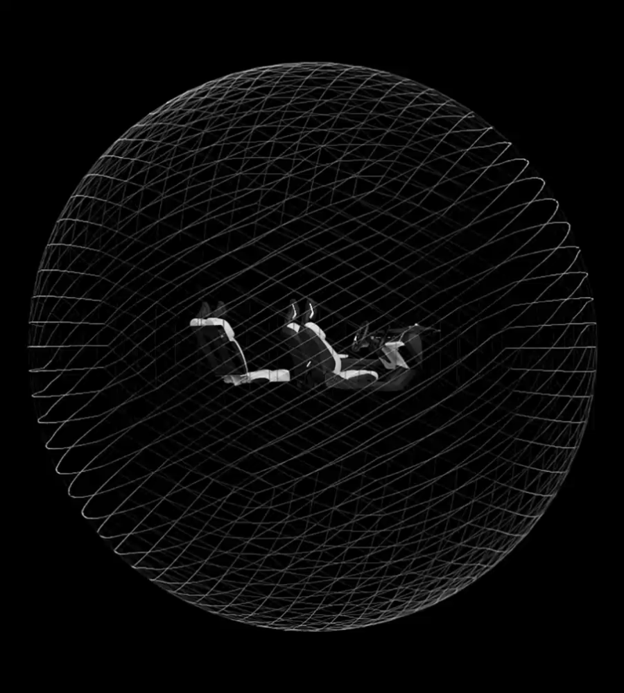 A sphere of speakers surround Polestar 3 showing the spatial audio of the Dolby Atmos system.