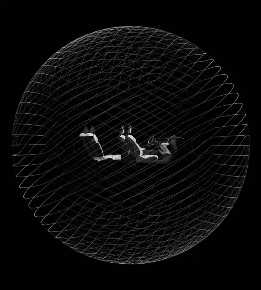 A sphere of speakers surround Polestar 3 showing the spatial audio of the Dolby Atmos system.