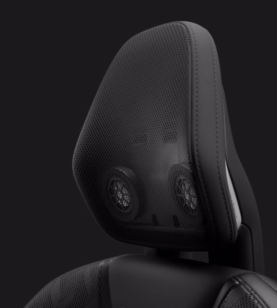 Polestar 3’s front seat headrest speakers displayed with a see-through view under the upholstery.