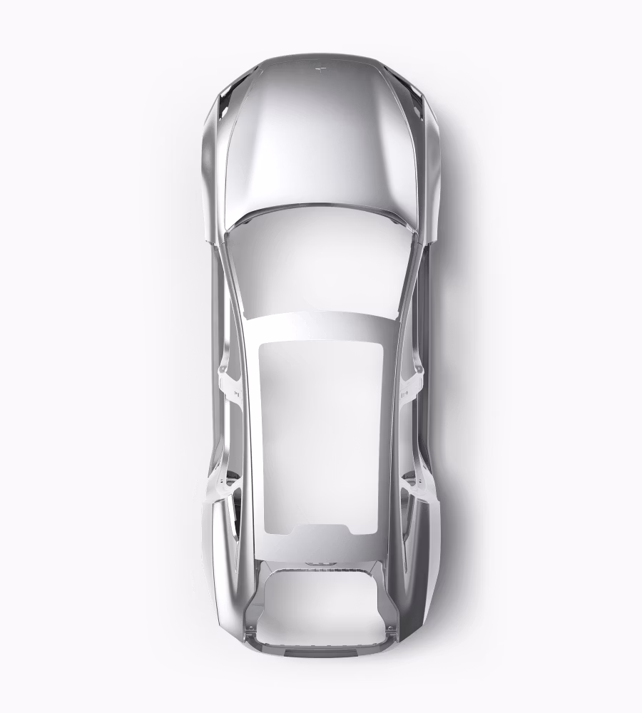 Bird’s eye view of Polestar 5’s aluminium architecture in a white background.