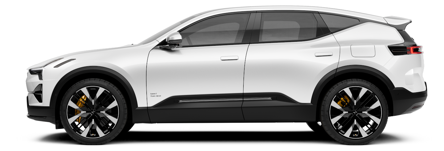 Side view of Polestar 3 electric SUV with white exterior and black accents, featuring large alloy wheels and sleek design.