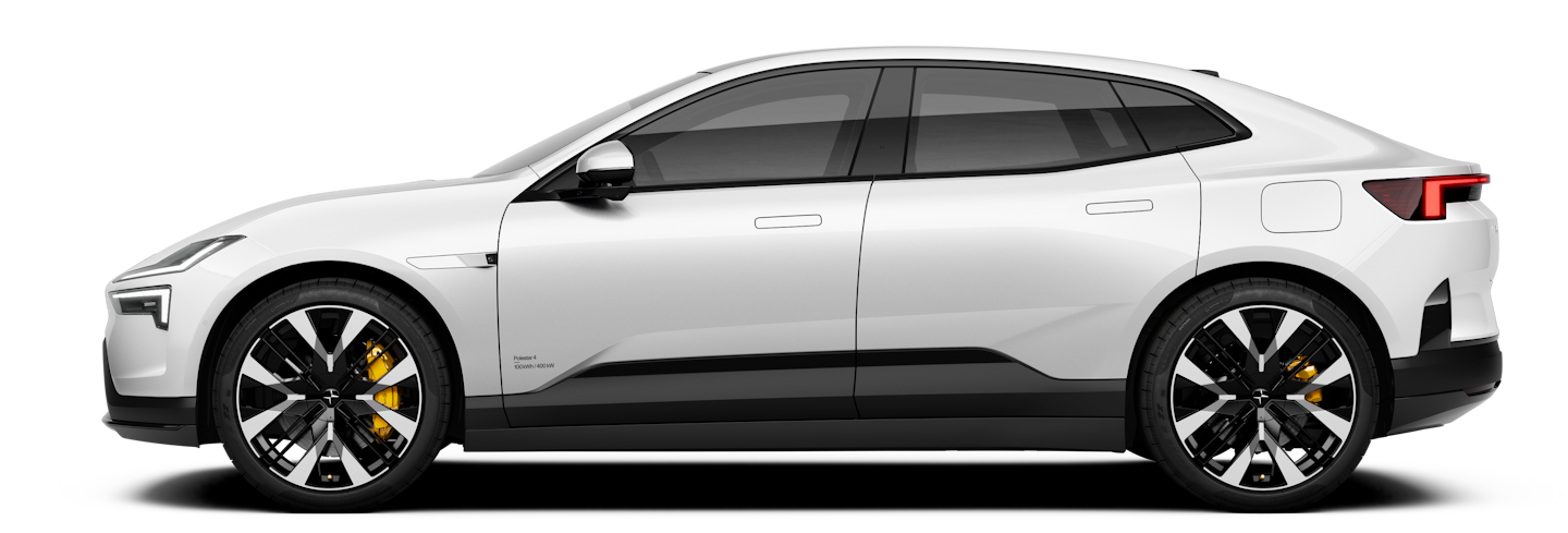 Polestar 4 electric car side view with white body, black trim, and yellow brake calipers.