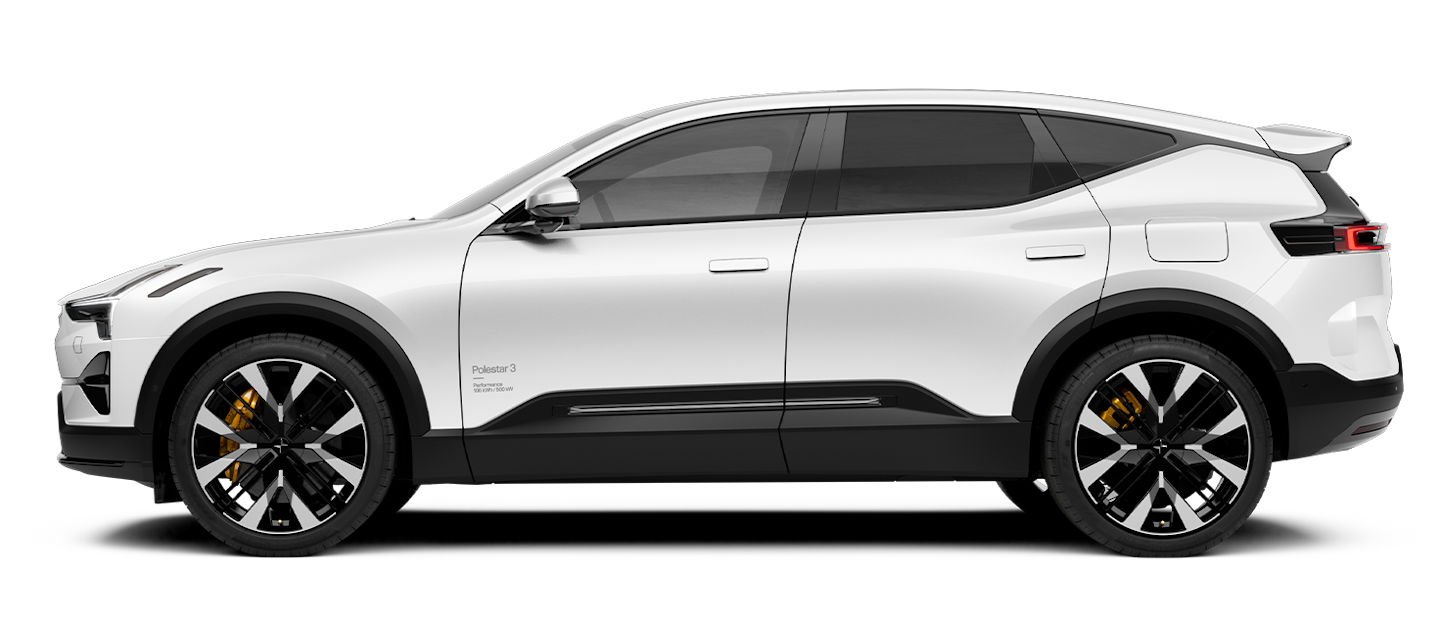 Side view of Polestar 3 electric SUV with white exterior and black accents.