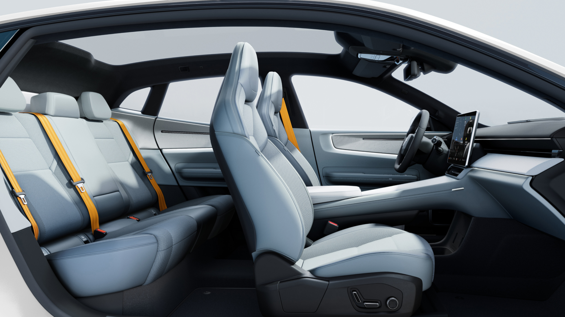 Polestar 4’s interior view from the right-hand side showing all seats and Swedish gold safety belts.