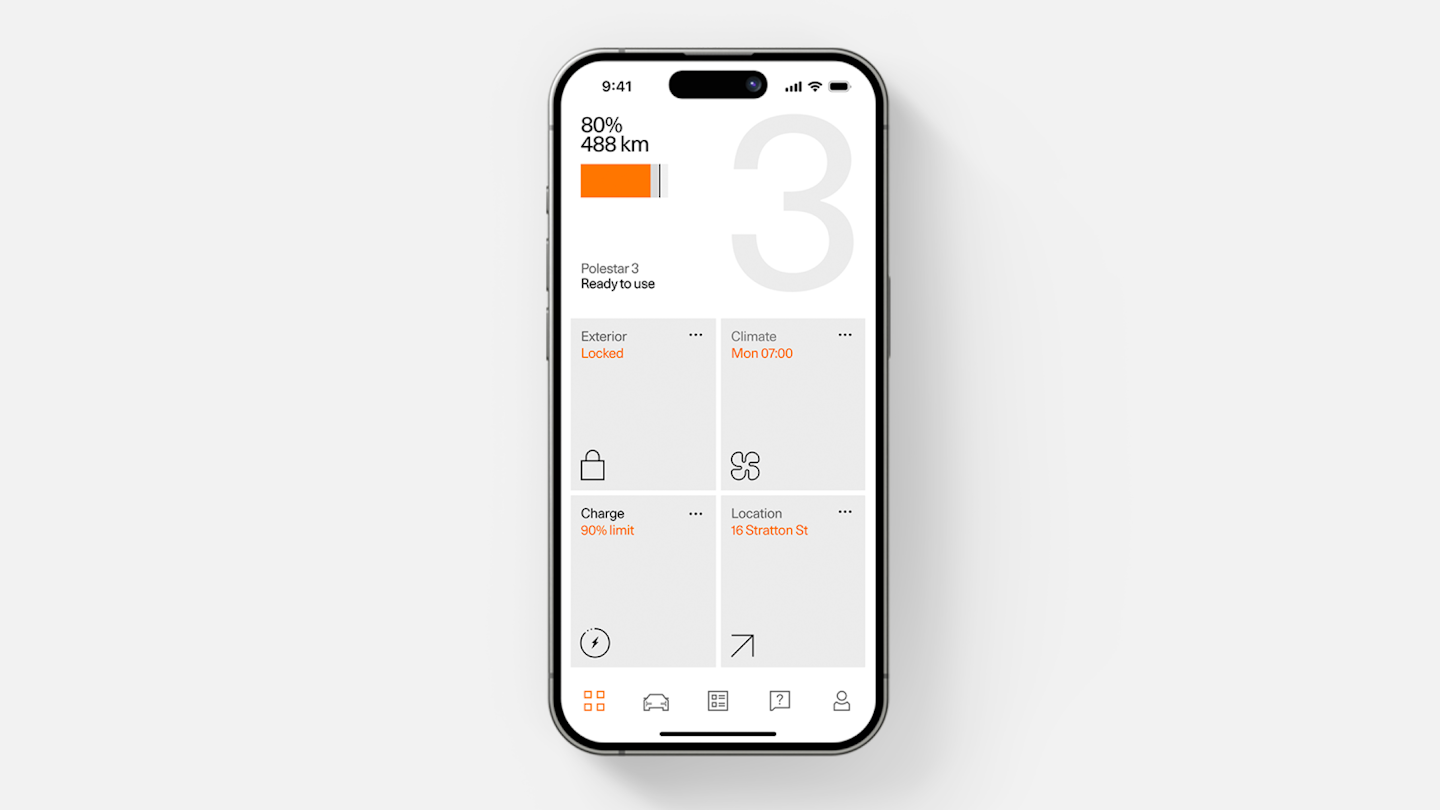 An Apple smartphone with the Polestar app homescreen.