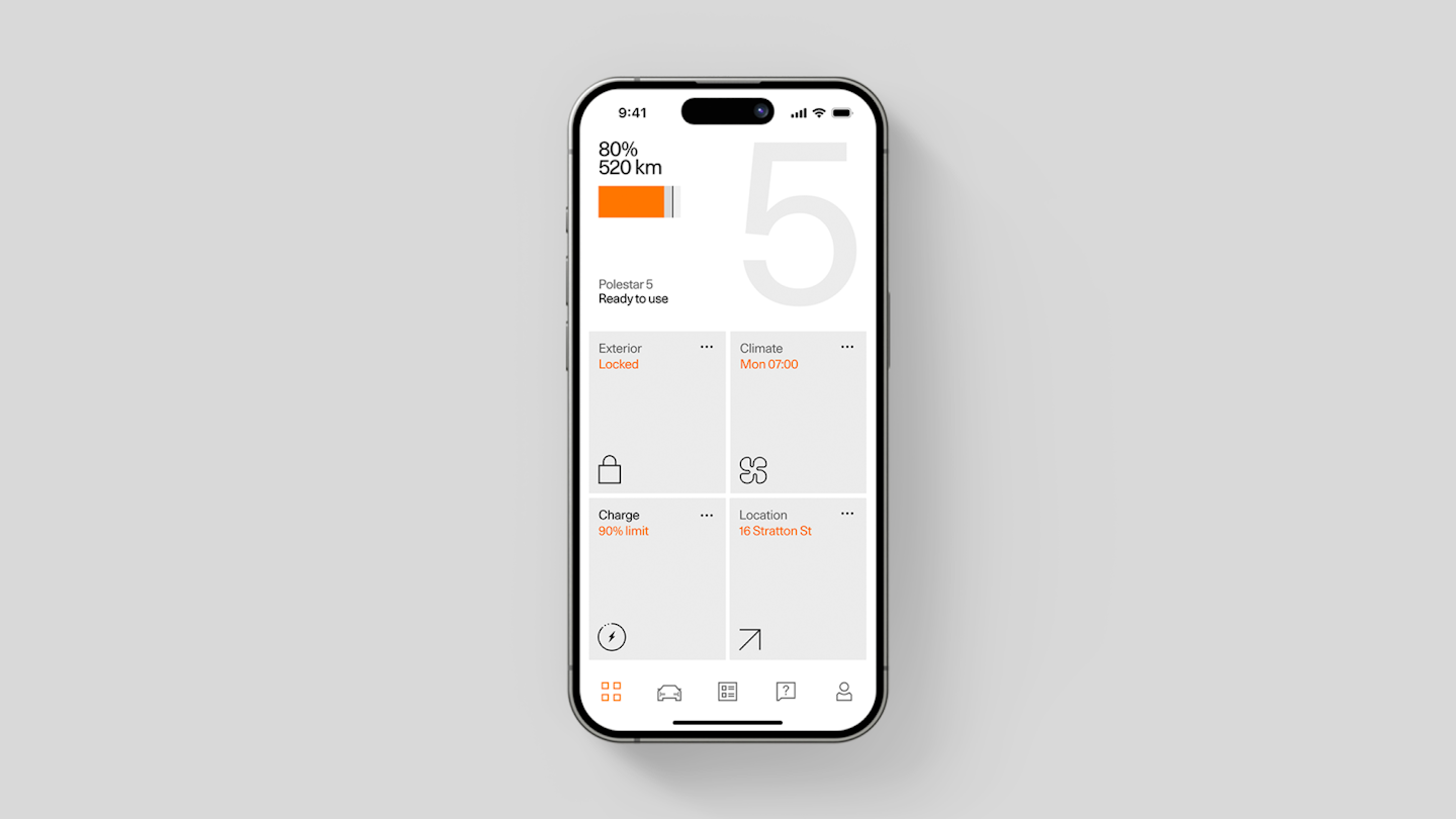 An Apple smartphone with the Polestar app homescreen.