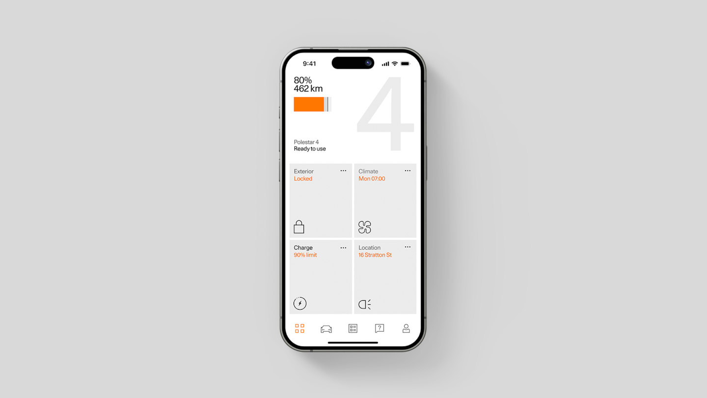 An Apple smartphone with the Polestar app home screen.