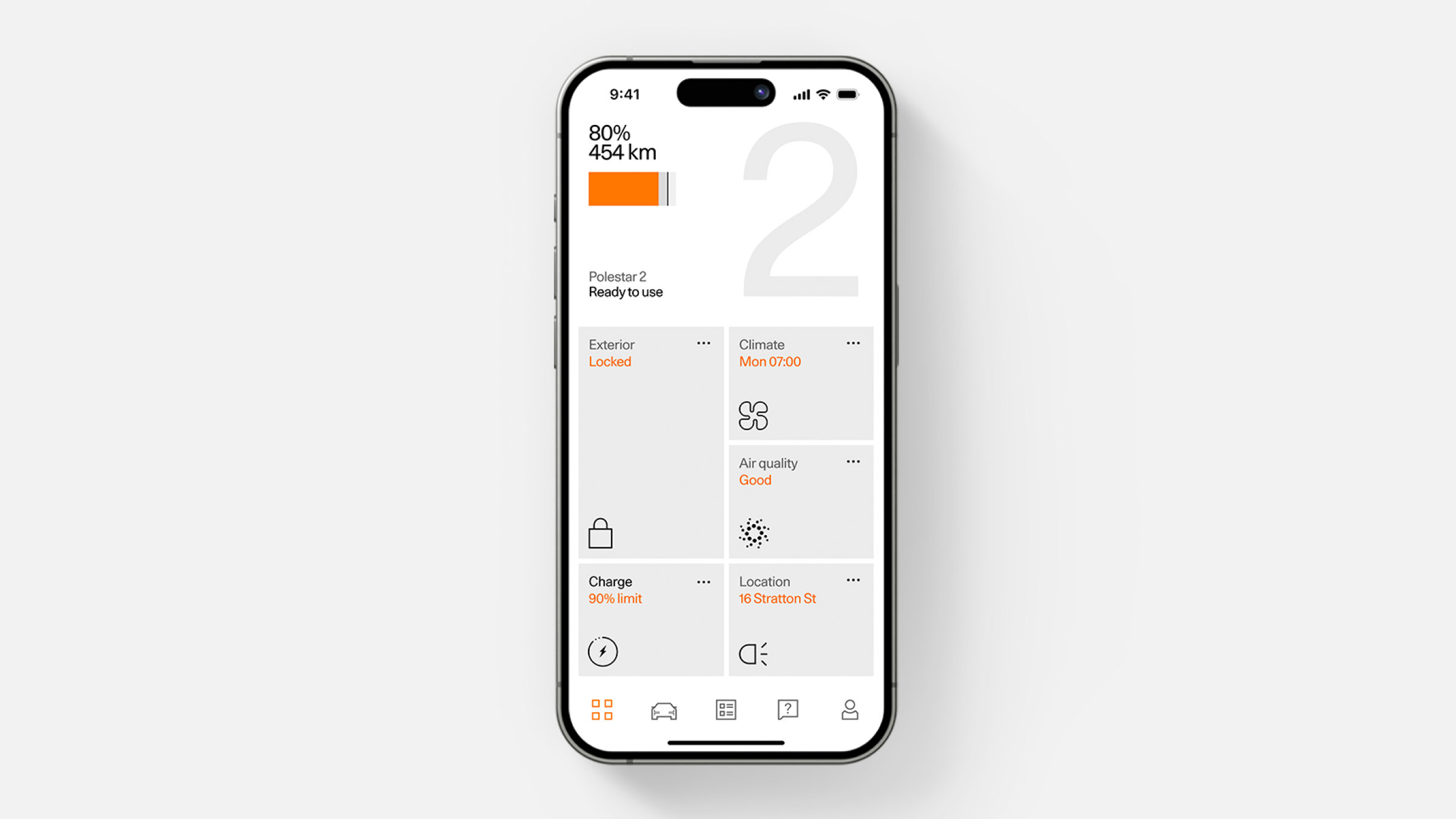 An iPhone whith the Polestar app showing the charge level and various home screen tiles.