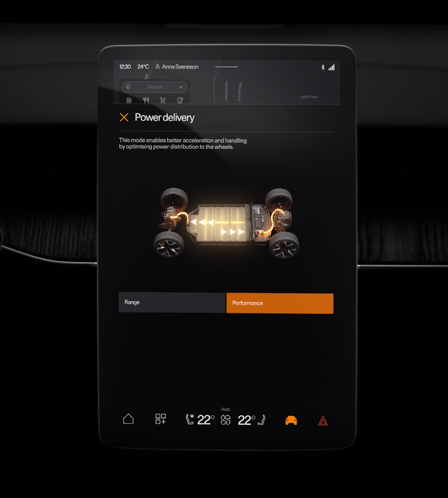 Touchscreen interface displaying Polestar car power delivery mode with options for range and performance.