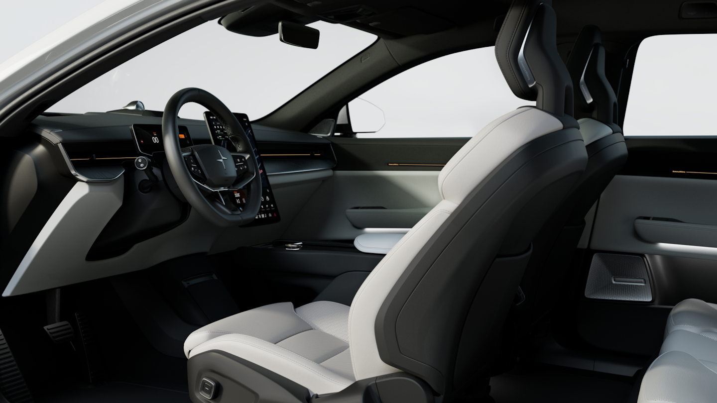 Polestar 3’s interior showing the driver’s seat, steering wheel, centre display, and dashboard.