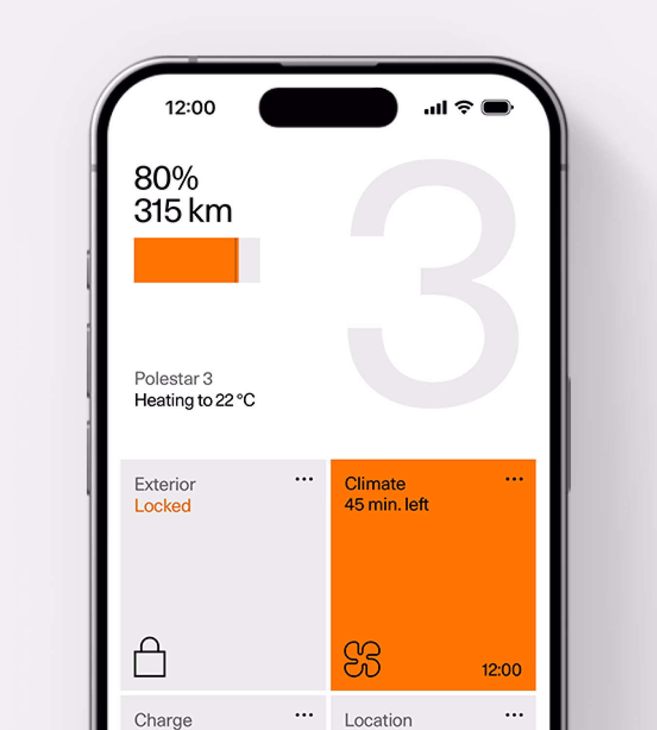 Smartphone showing a screen with the climate settings within the Polestar app.