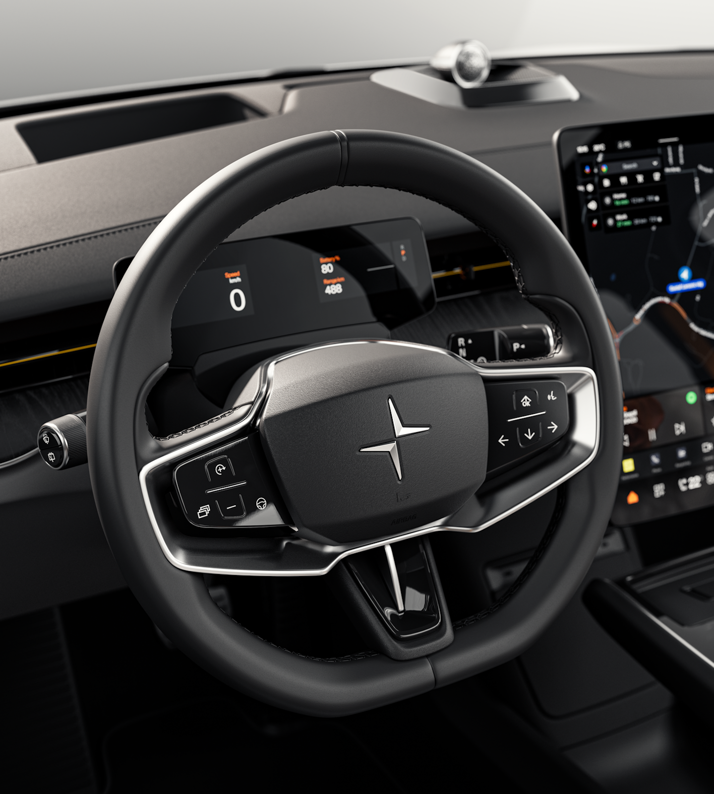 Polestar 3’s steering wheel with silver accents and Polestar logo in front of the driver display.