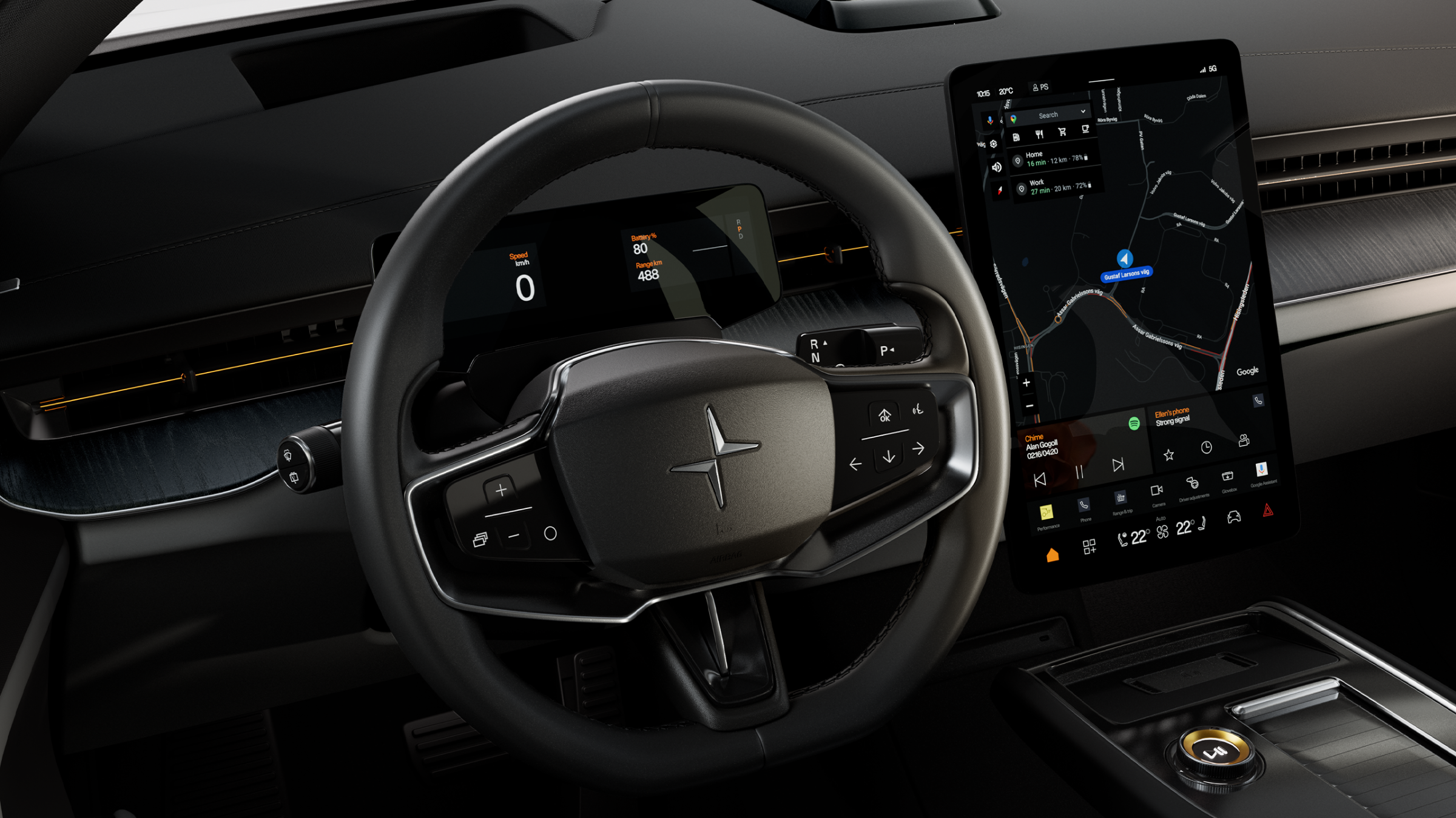Polestar 3’s steering wheel, dashboard, and centre display showing the Google Play Store screen.