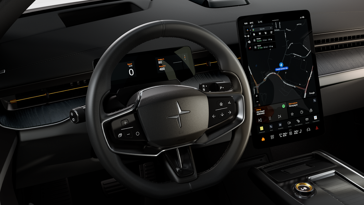 Polestar 3’s steering wheel, dashboard, and centre display showing the Google Play Store screen.