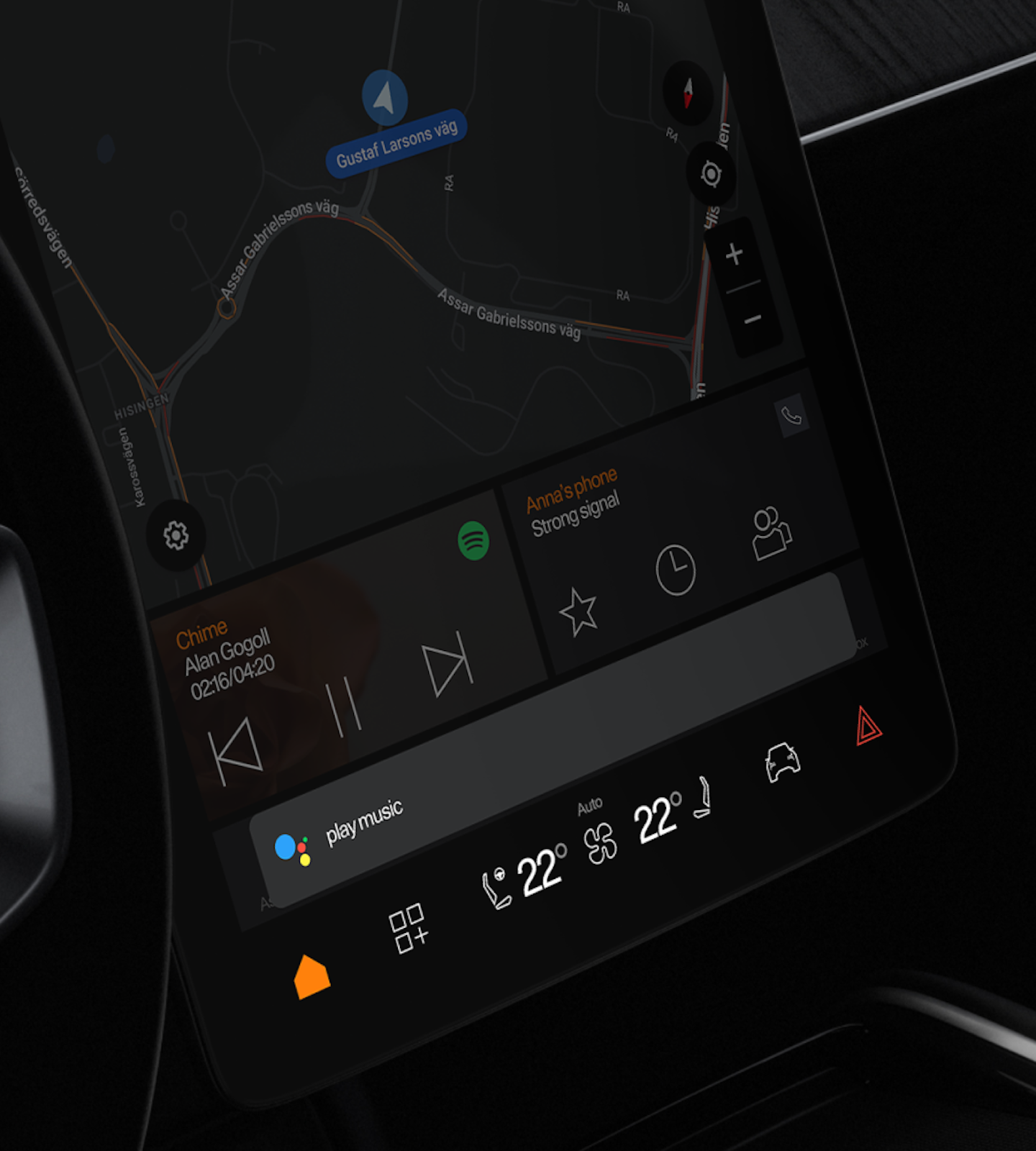 A close up of Polestar 3’s centre display focussing on a Google Assistant prompt for music.