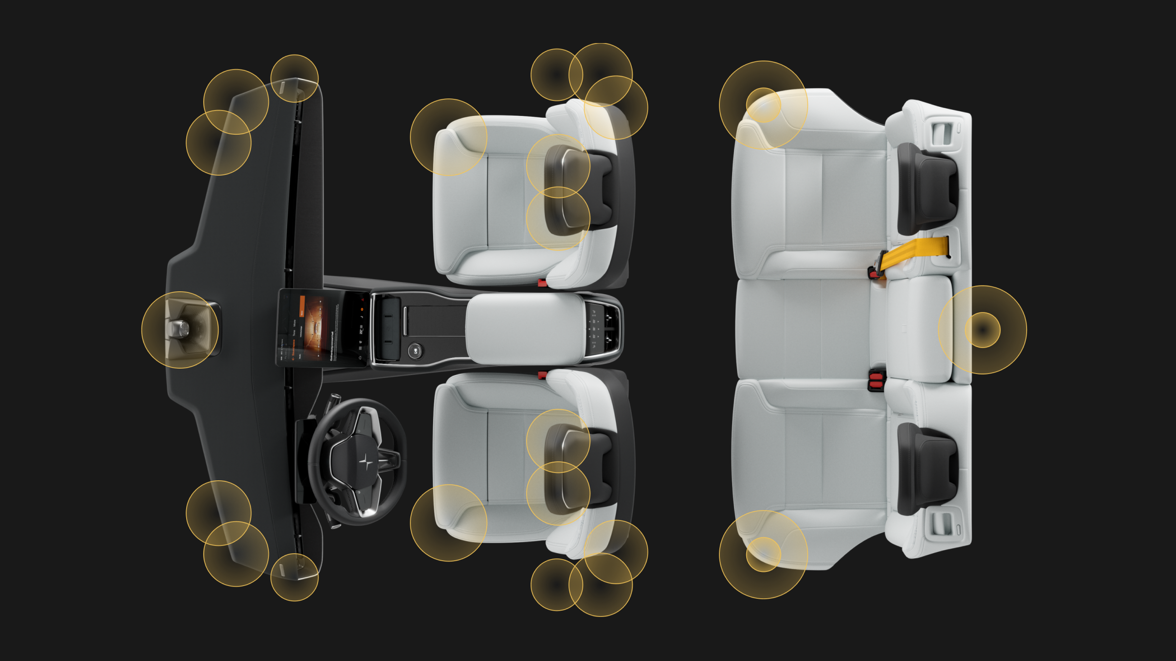 Polestar 3’s interior seats and dashboard showing the placement of the audio speakers.