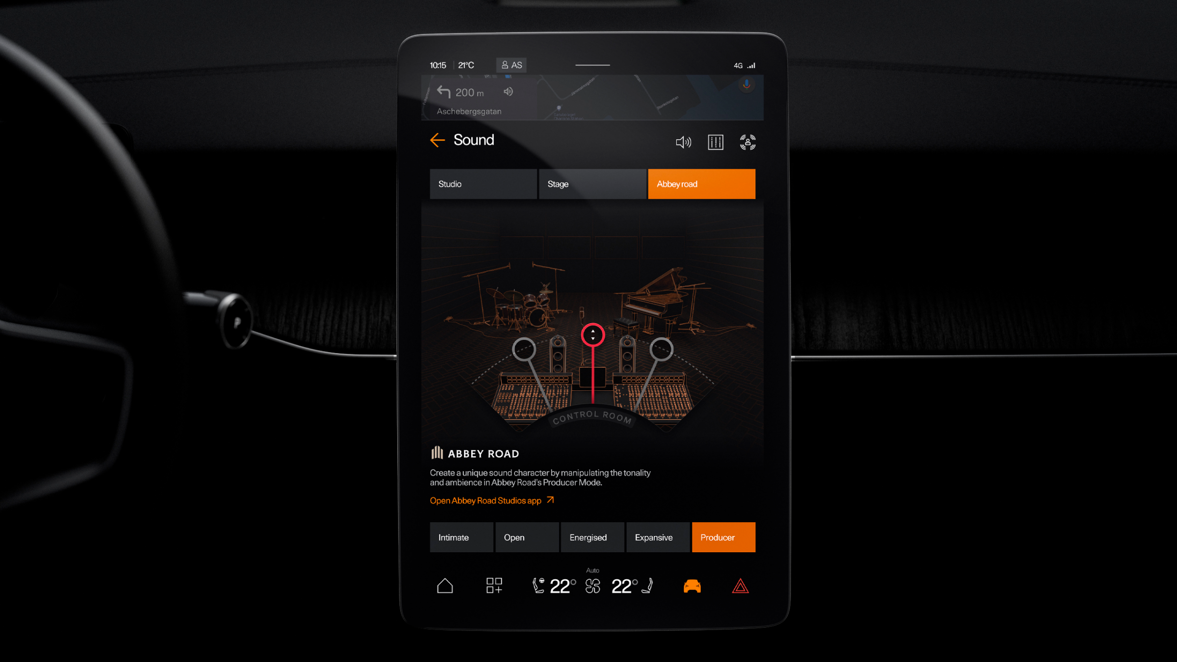 Polestar 3 centre display showing the producer mode screen for Abbey Road Studios Mode.