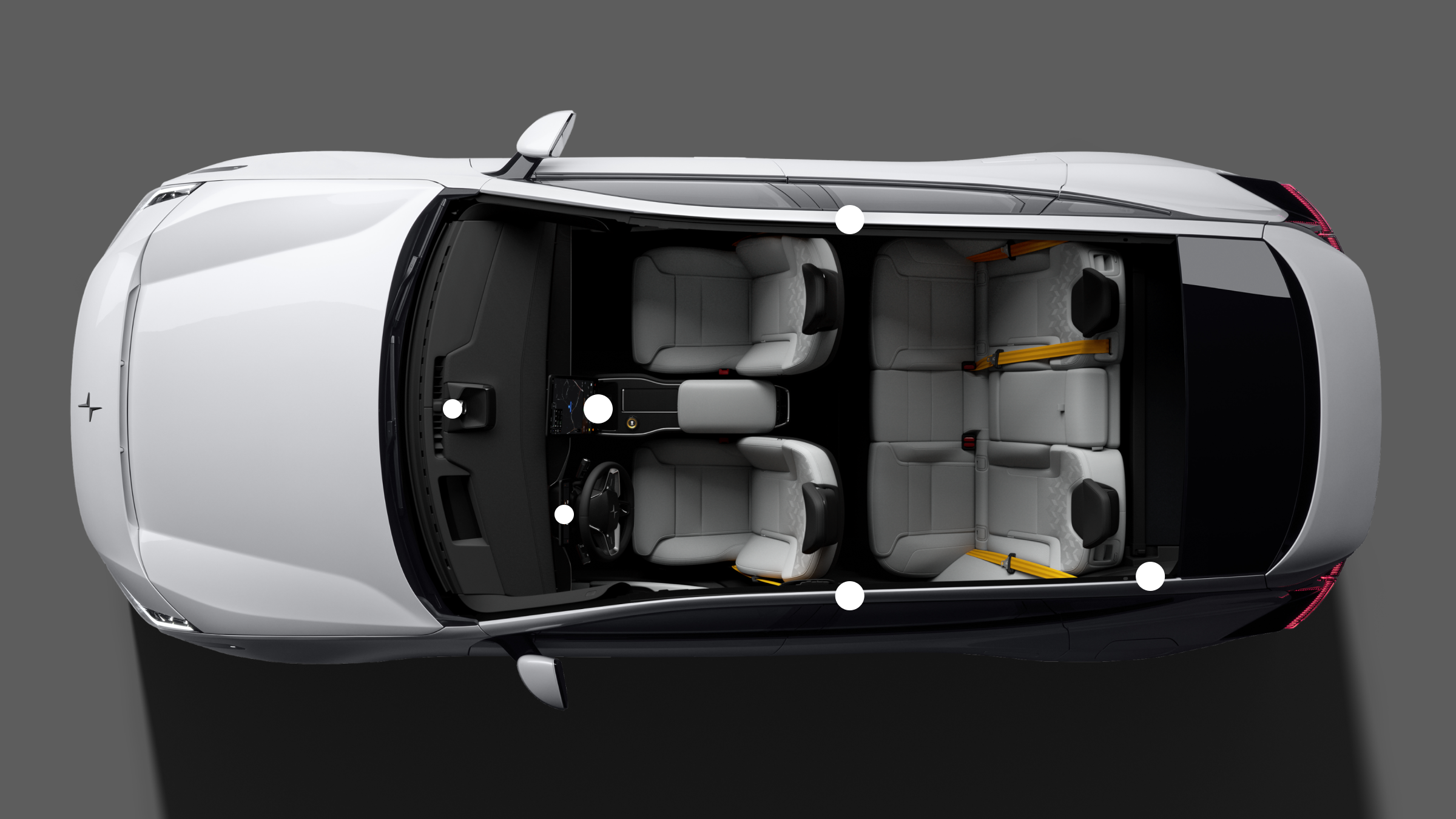 A bird’s eye view of Polestar 3 with dots showing the placement of its interior cameras and sensors.