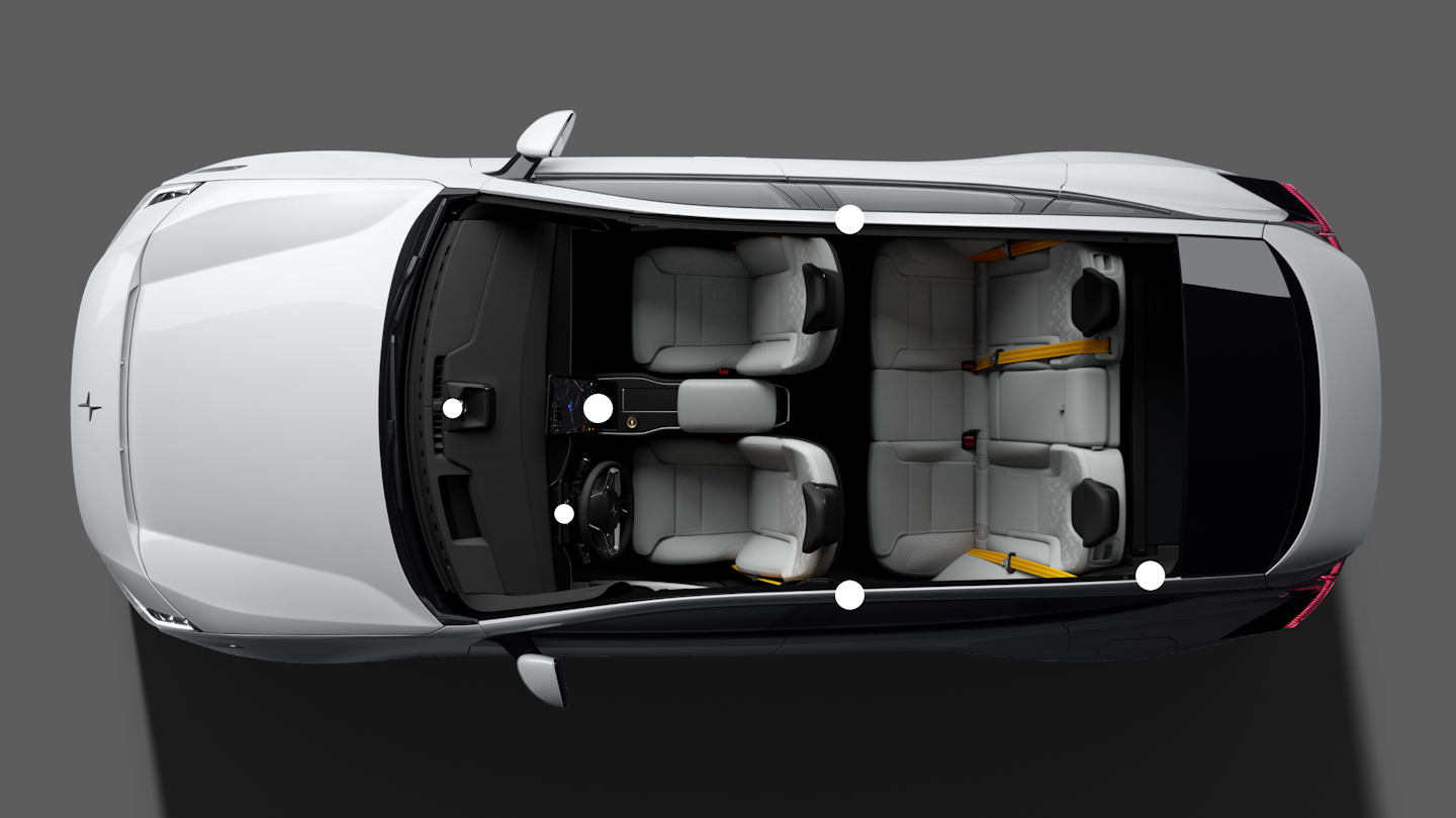 A bird’s eye view of Polestar 3 with dots showing the placement of its interior cameras and sensors.