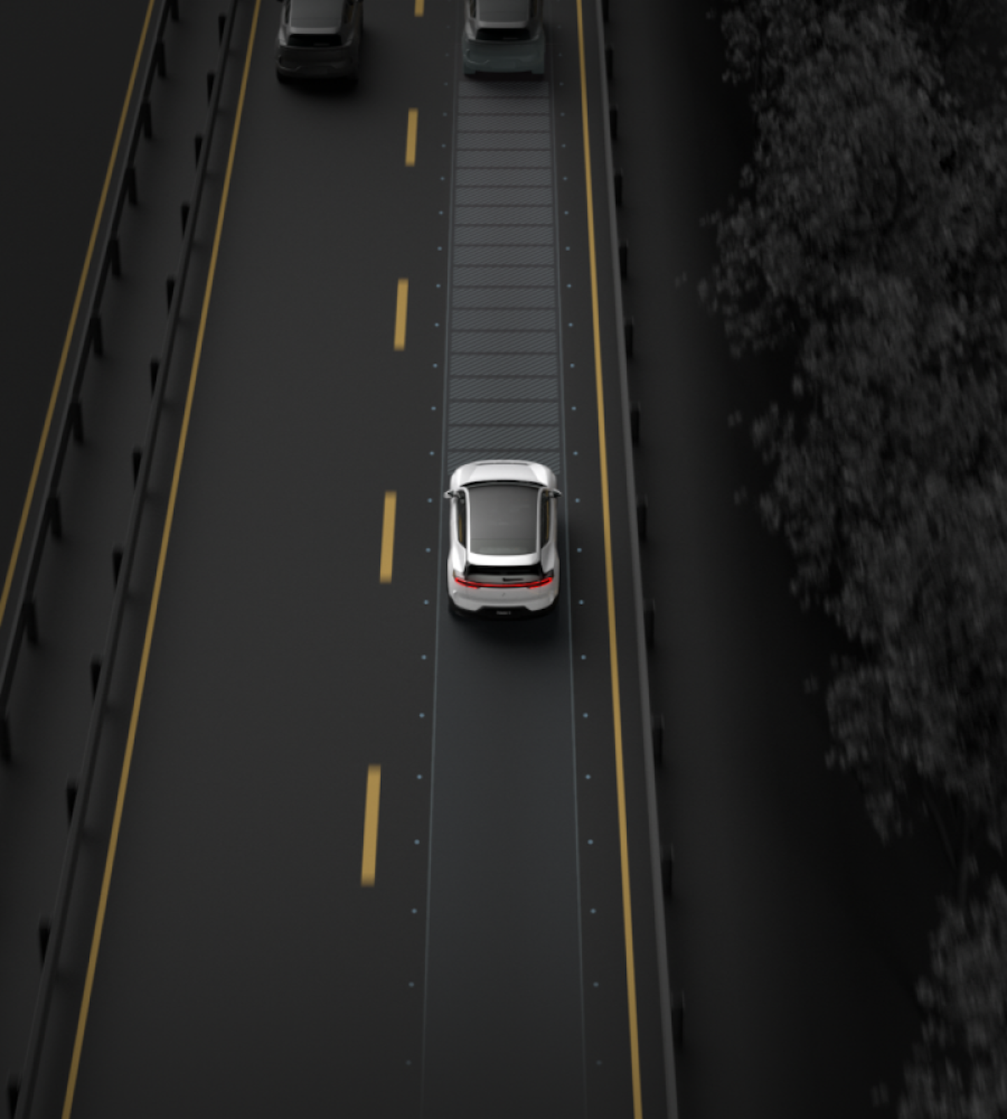 Polestar 3 driving on a road and monitoring the distance between itself and the car ahead.