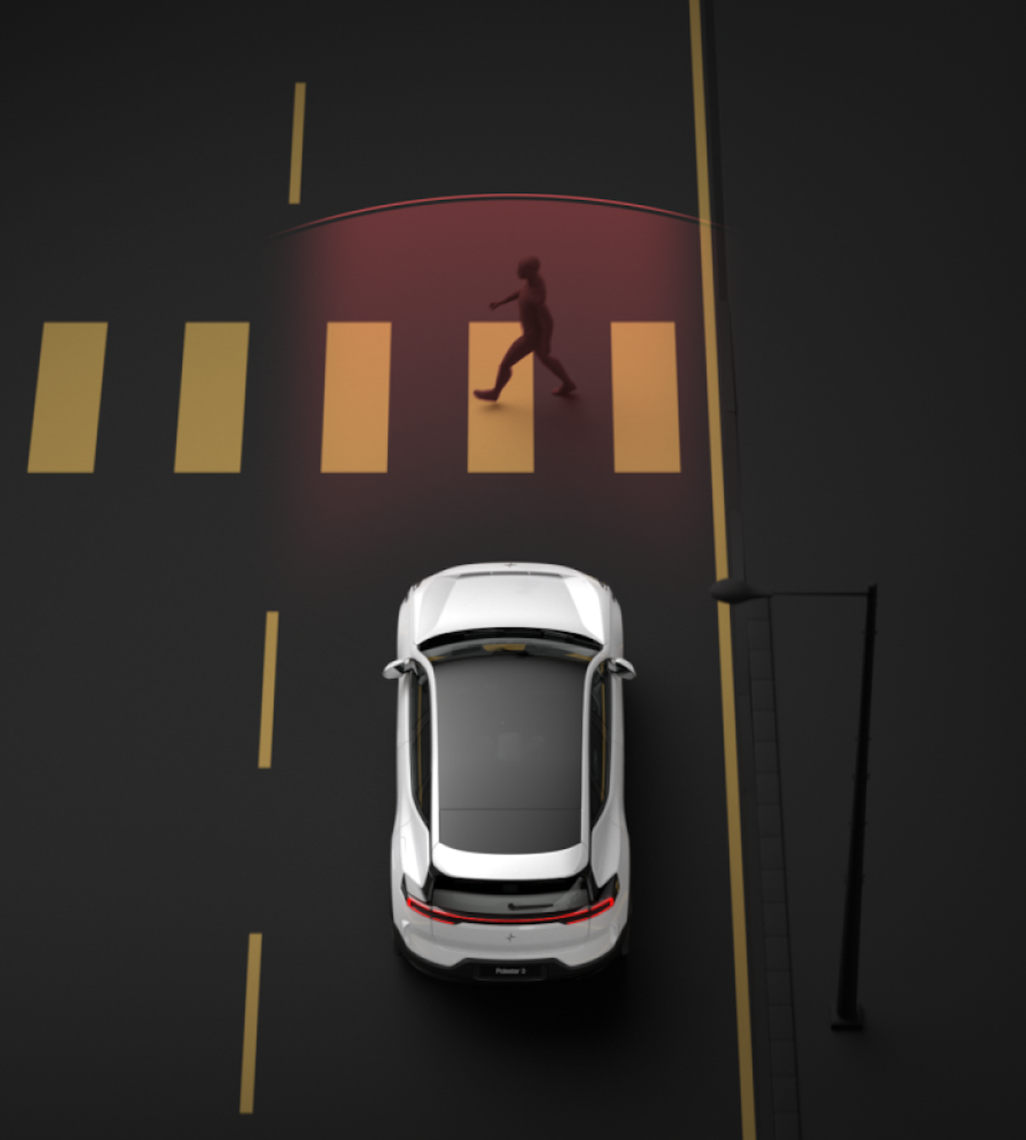 Polestar 3 driving and braking automatically when detecting a pedestrian on a marked crosswalk.