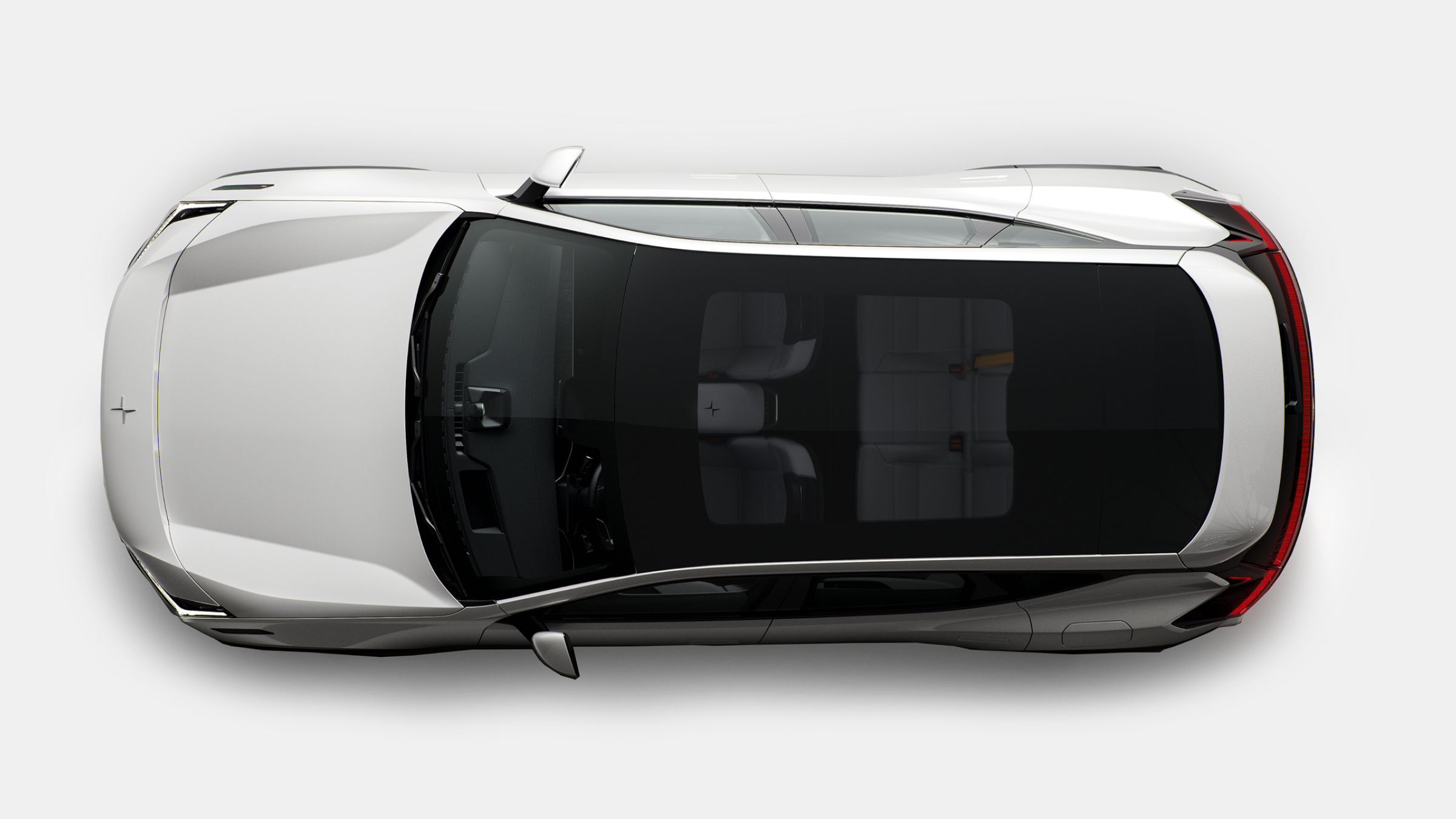 A bird’s eye view of Polestar 3 in Snow colour with its panoramic roof.