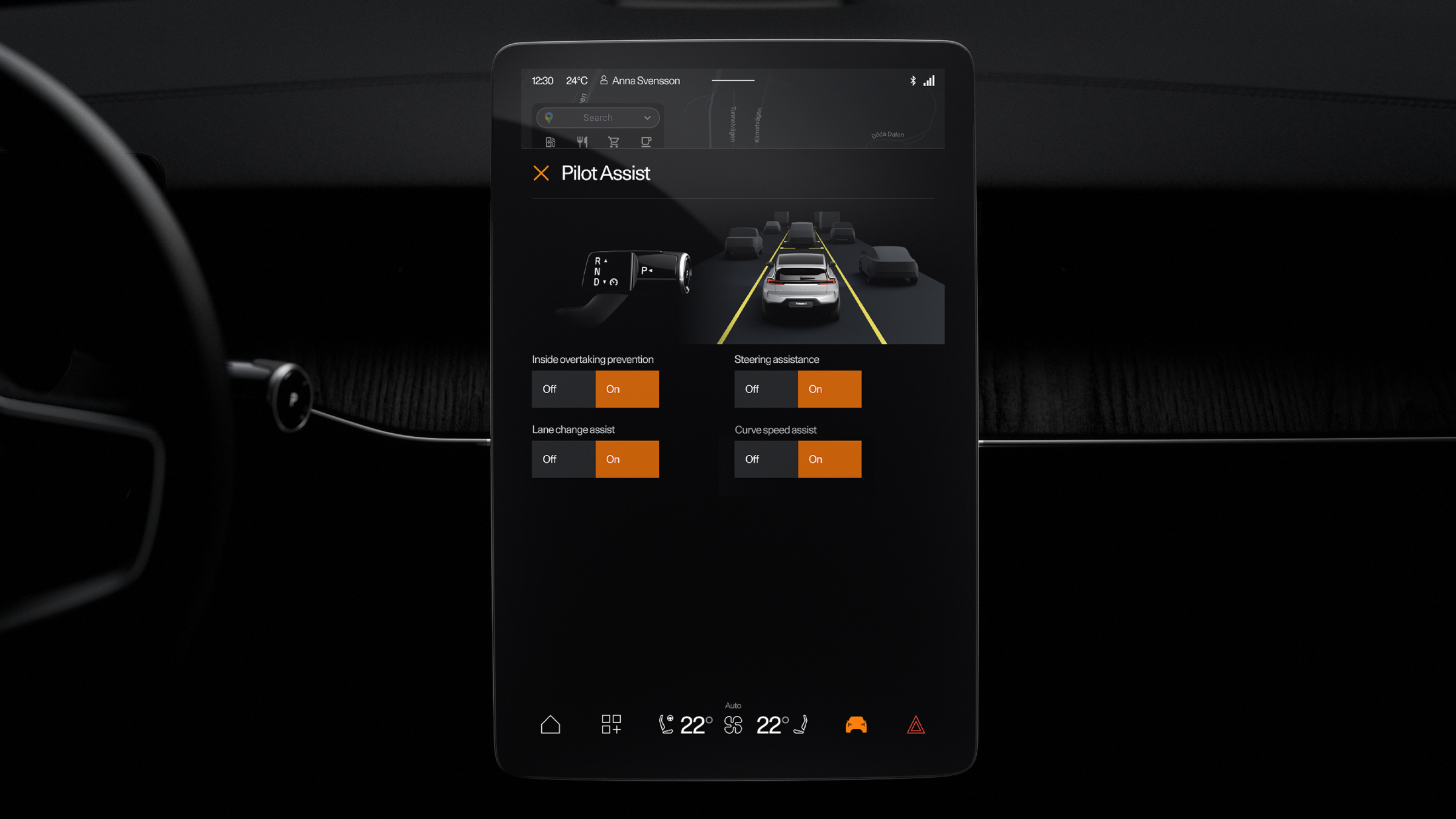 Polestar 3’s dashboard, steering wheel, and centre display showing the “Pilot assist” screen.