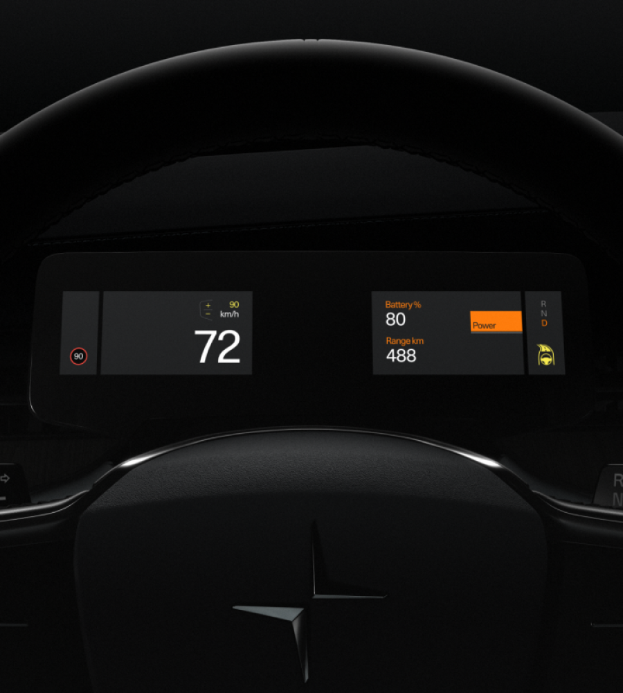 Polestar 3 driving on a road and monitoring the distance between itself and the car ahead.