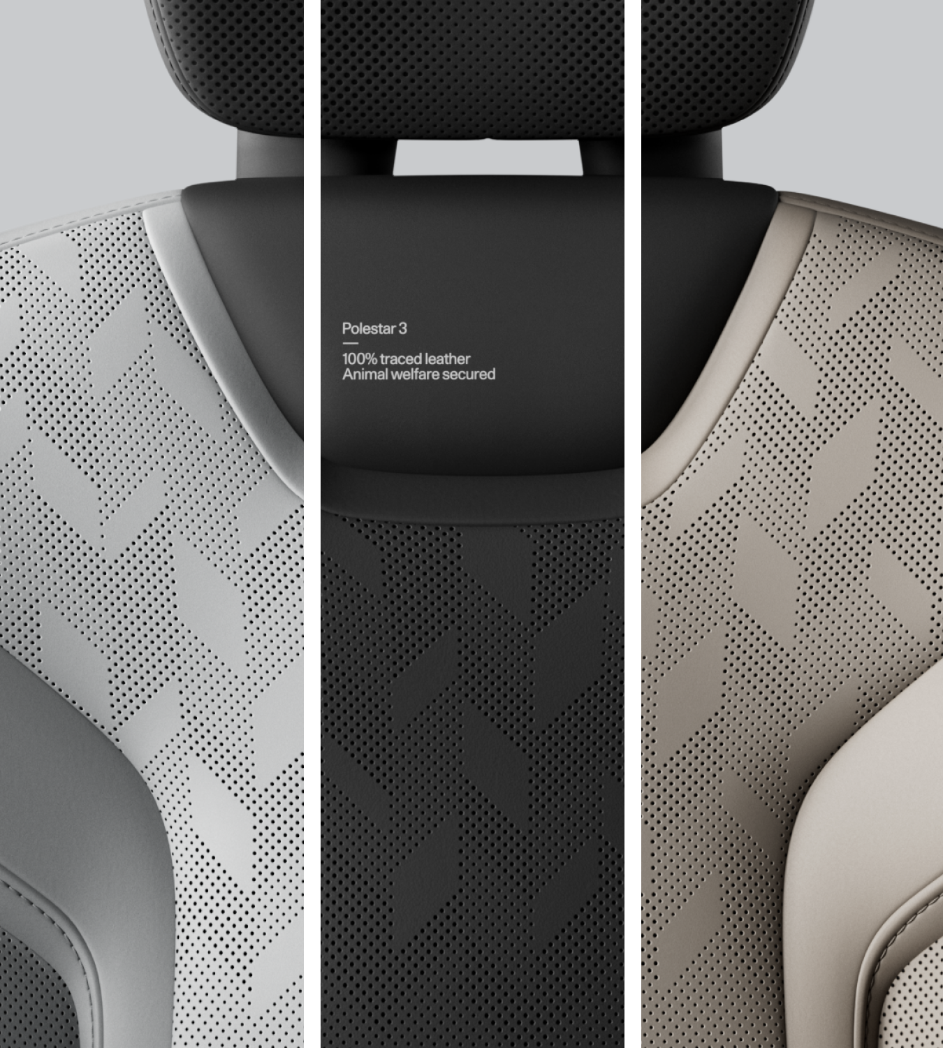 Close-up of Polestar 3’s seat with perforated Nappa leather with textured patterns.
