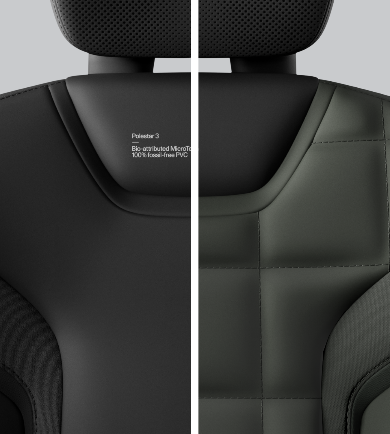 Close-up and split view of Polestar 3’s seat with Charcoal and Nebula bio-attributed MicroTech.