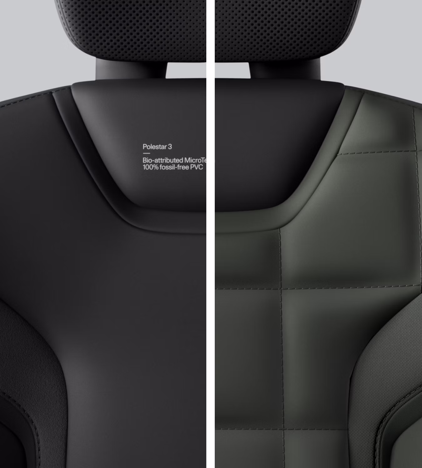 Close-up and split view of Polestar 3’s seat with Charcoal and Nebula bio-attributed MicroTech.