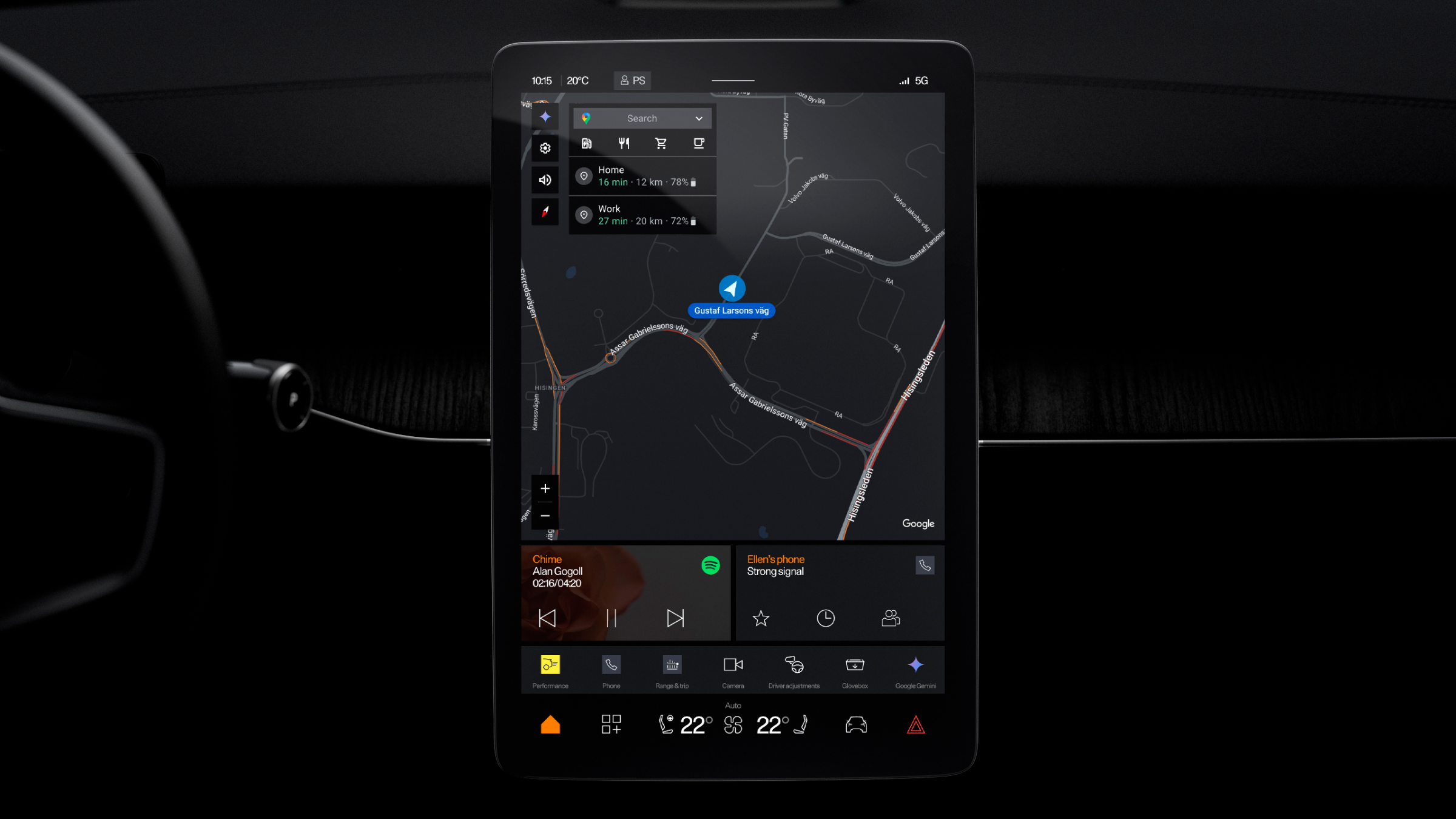 Polestar 3’s dashboard, steering wheel, and centre display showing Google maps and home tiles.