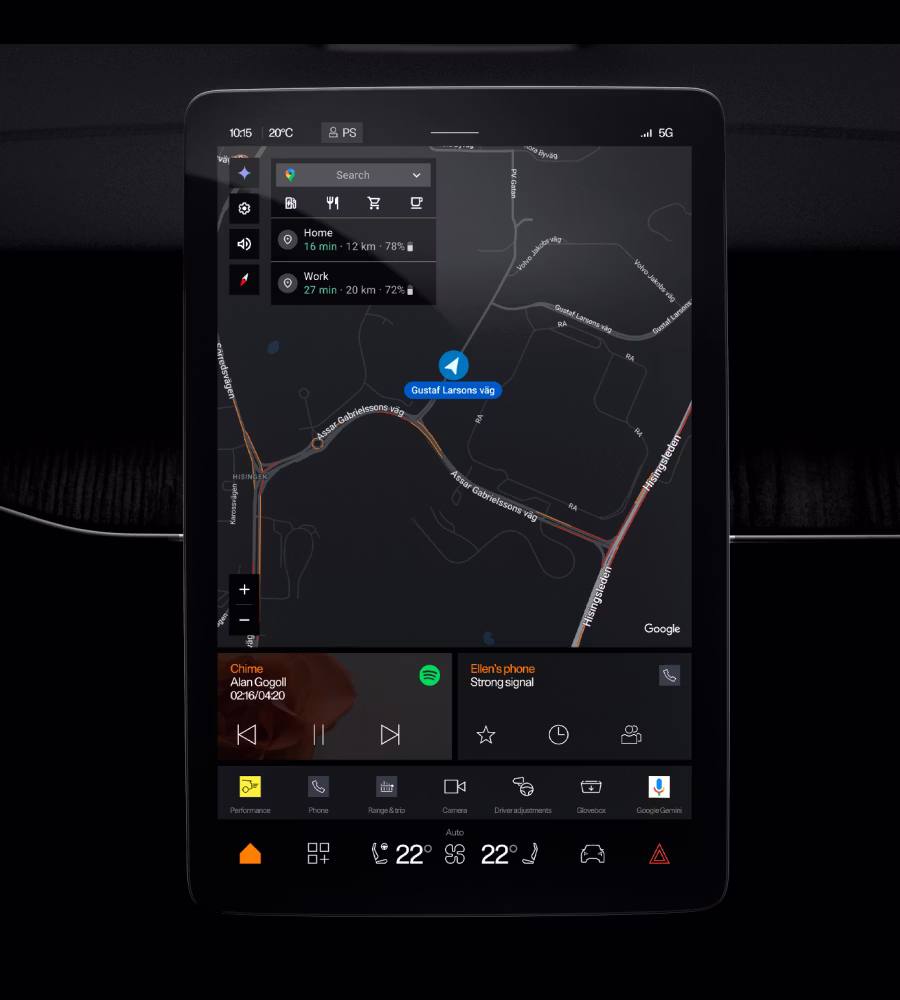 Polestar 3’s centre display showing Google Maps and smaller app tiles beneath it.