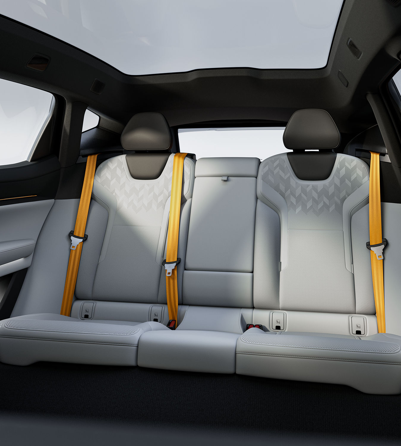 Interior view of Polestar 3’s interior with layered sunlight and shadows on the rear seats.