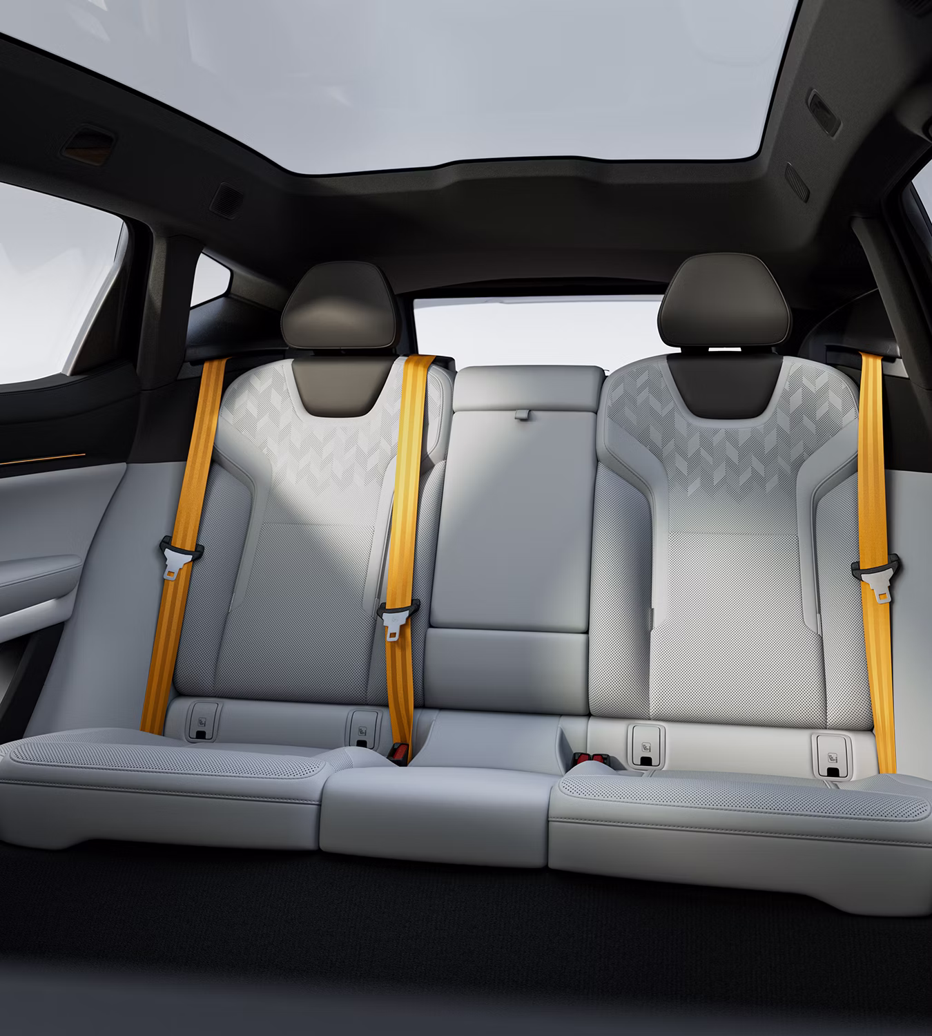 Interior view of Polestar 3’s interior with layered sunlight and shadows on the rear seats.