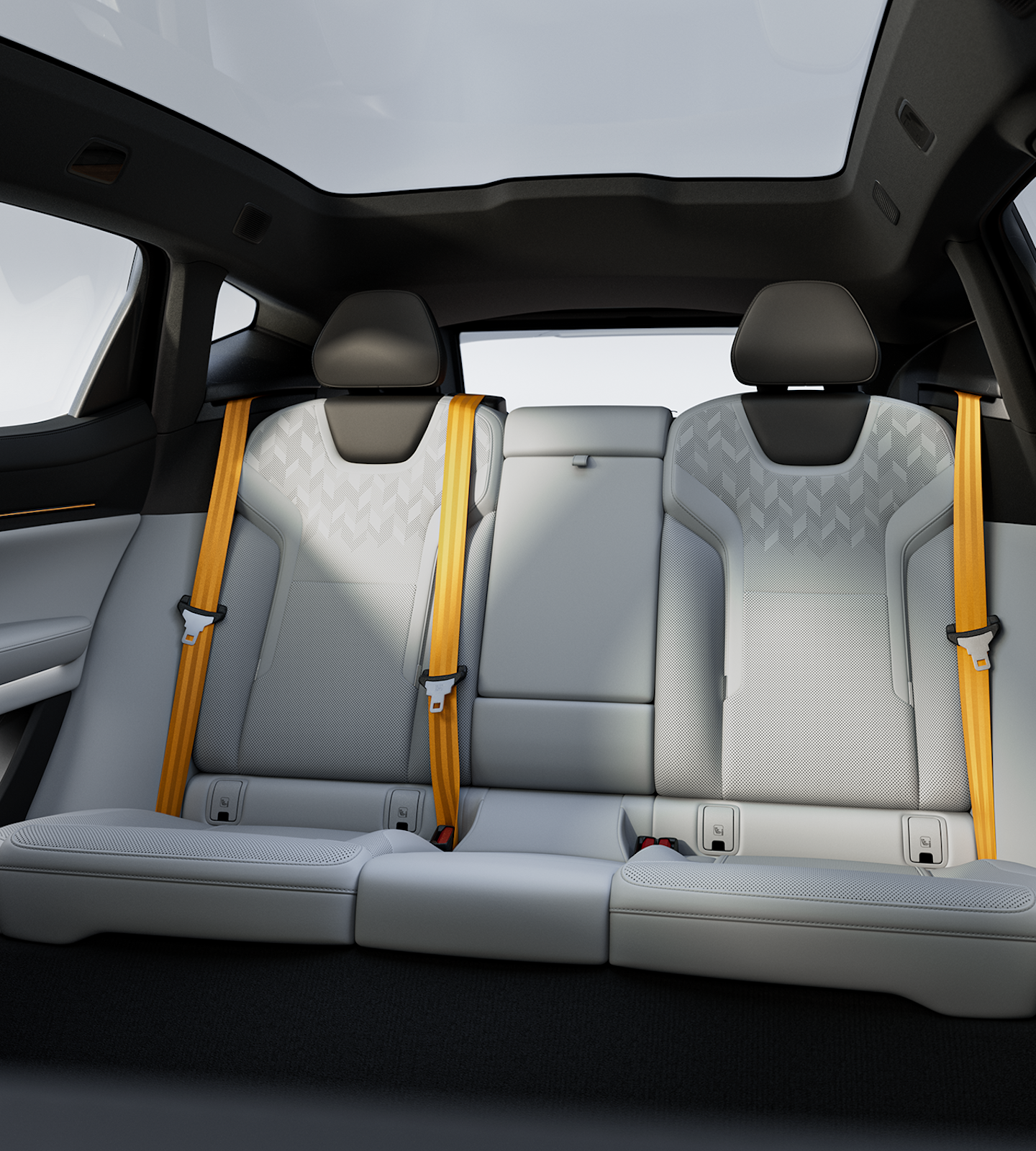 Interior view of Polestar 3’s interior with layered sunlight and shadows on the rear seats.