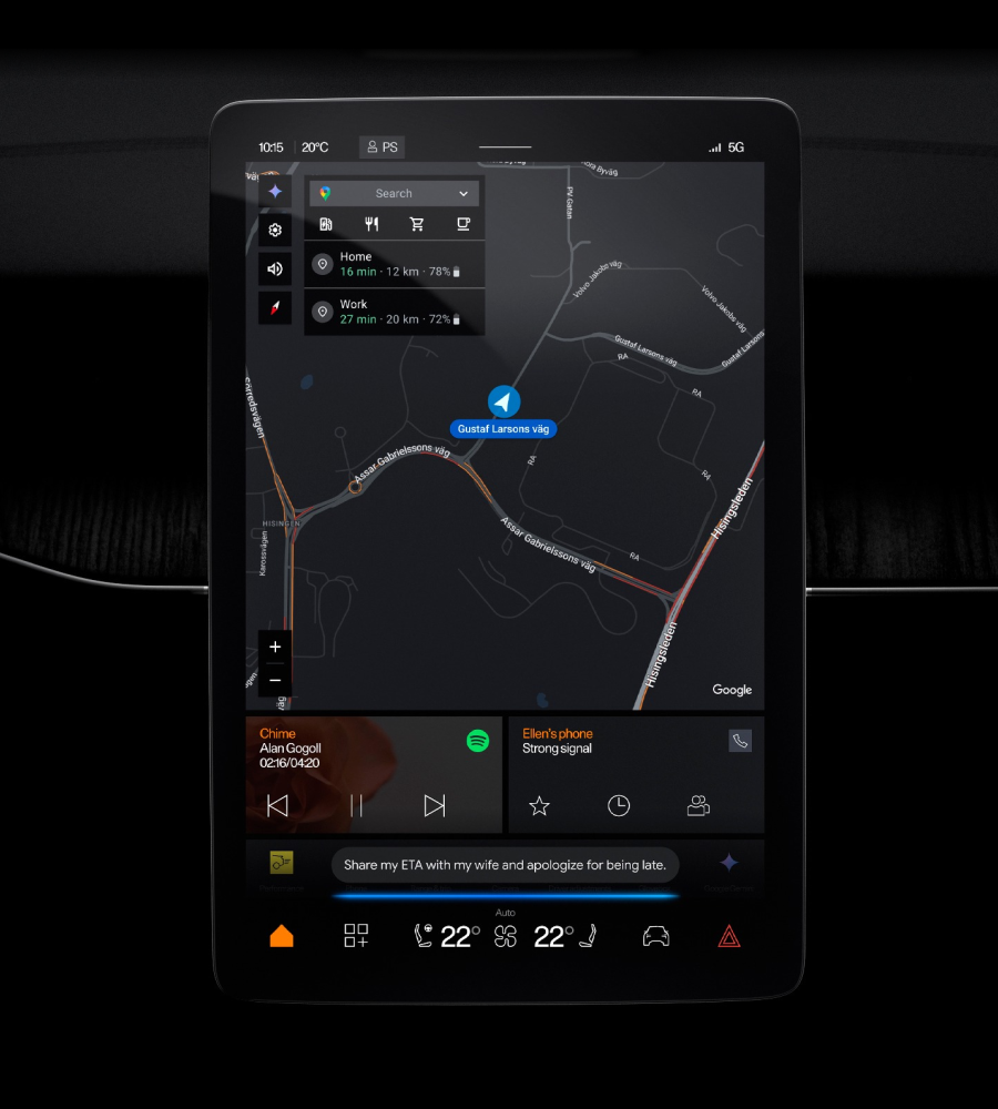 Polestar 3 centre display with Google Maps shown on screen with Gemini icon.
