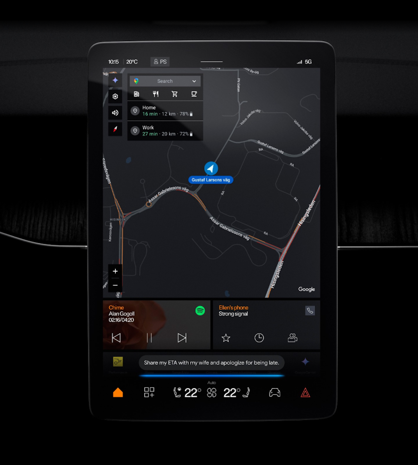 Polestar 3 centre display with Google Maps shown on screen with Gemini icon.