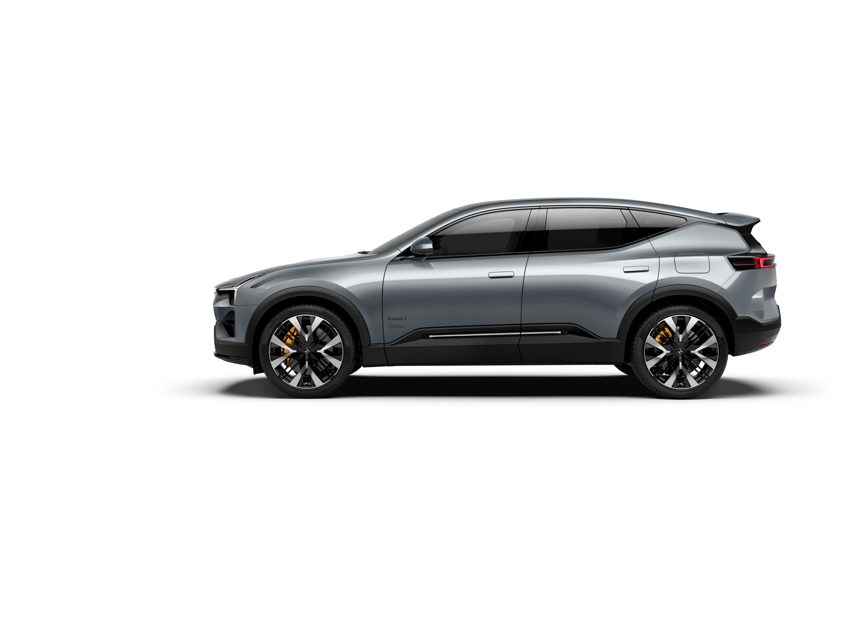 A side view of a grey-coloured Polestar 3 facing left and standing against a white background.