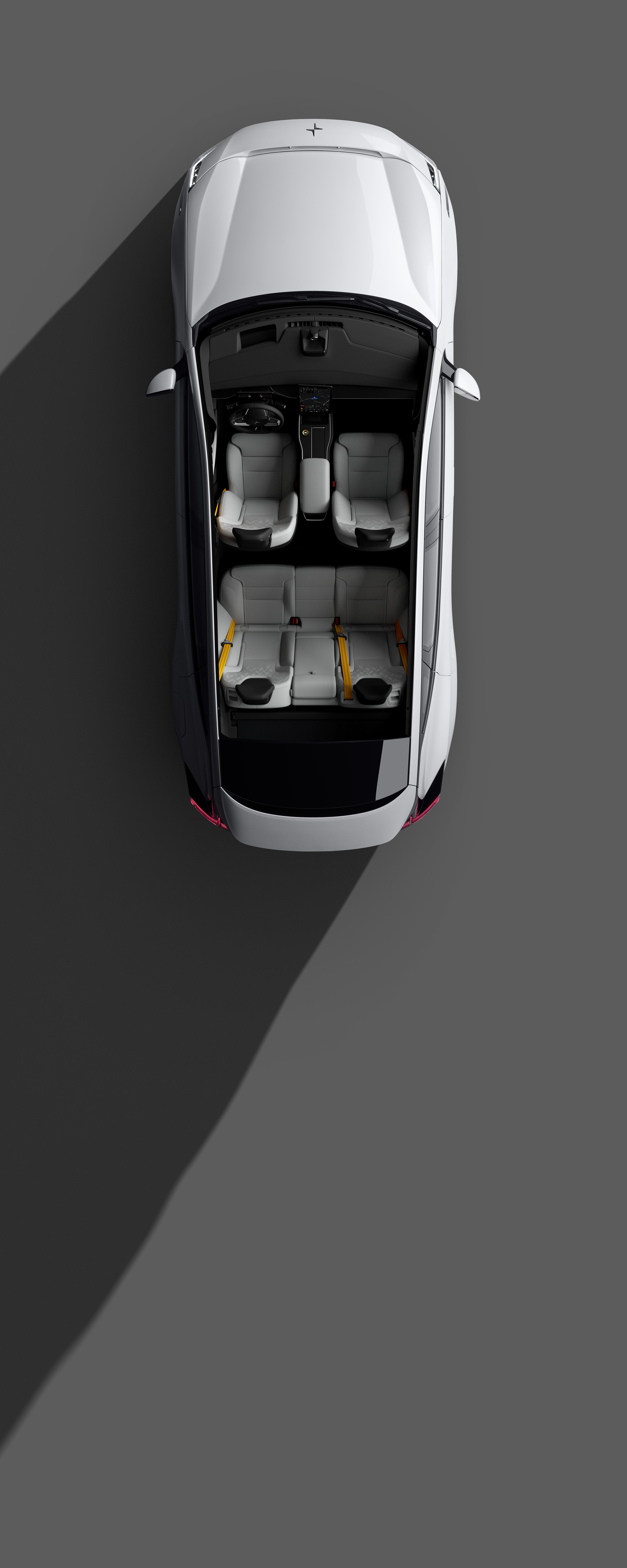 A bird’s eye view of Polestar 3 with interior passenger cabin exposed.