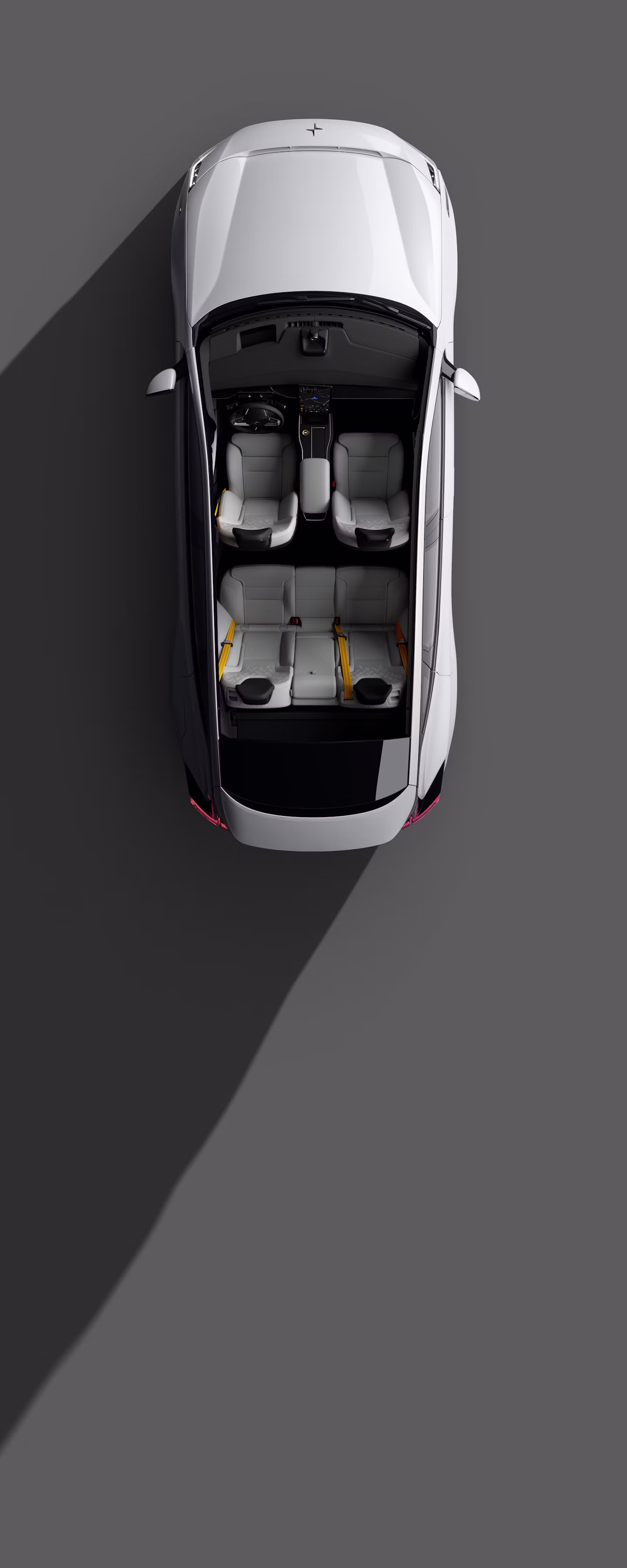 A bird’s eye view of Polestar 3 with interior passenger cabin exposed.