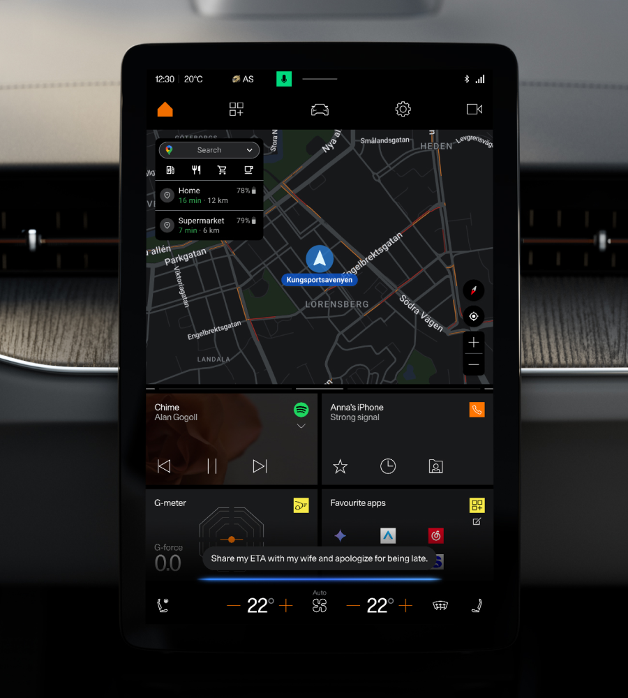 Polestar 5 centre display showing home screen with Google Maps and Google Gemini prompt.